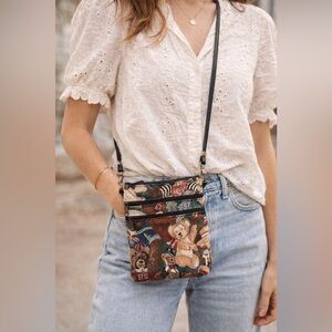 Vintage Teddy Bear Tapestry Crossbody Bag - Triple Zip 90s Boho Shoulder Purse